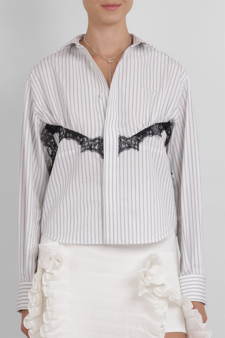 SACAI RTW Stripe Poplin Shirt with Lace Detail | Off-White Stripe