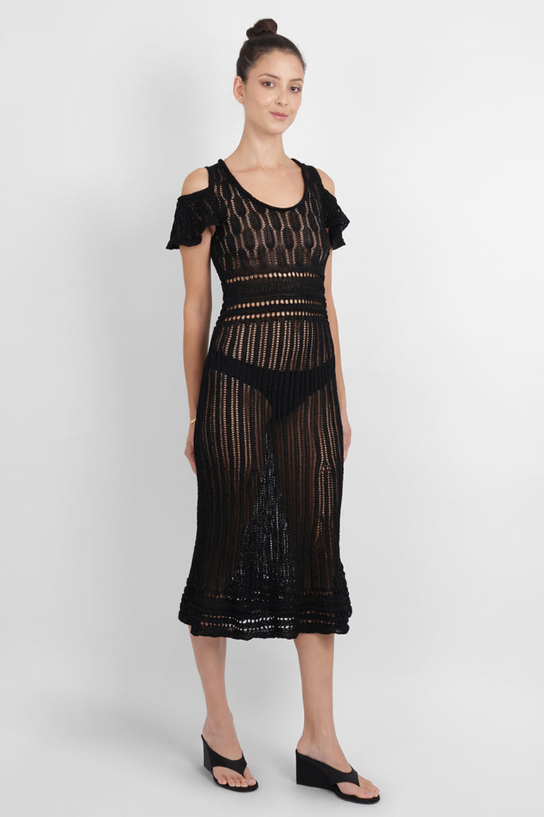 JW ANDERSON RTW Crochet Cold-Shoulder Midi Dress | Black