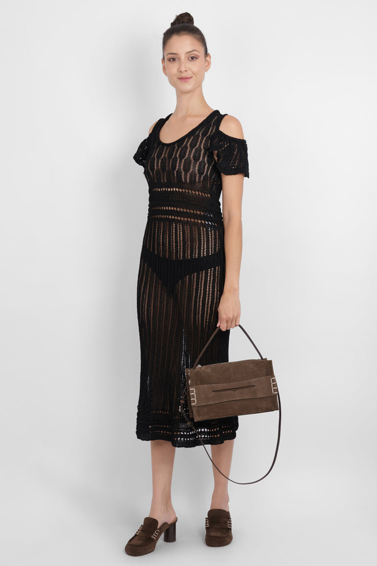 JW ANDERSON RTW Crochet Cold-Shoulder Midi Dress | Black