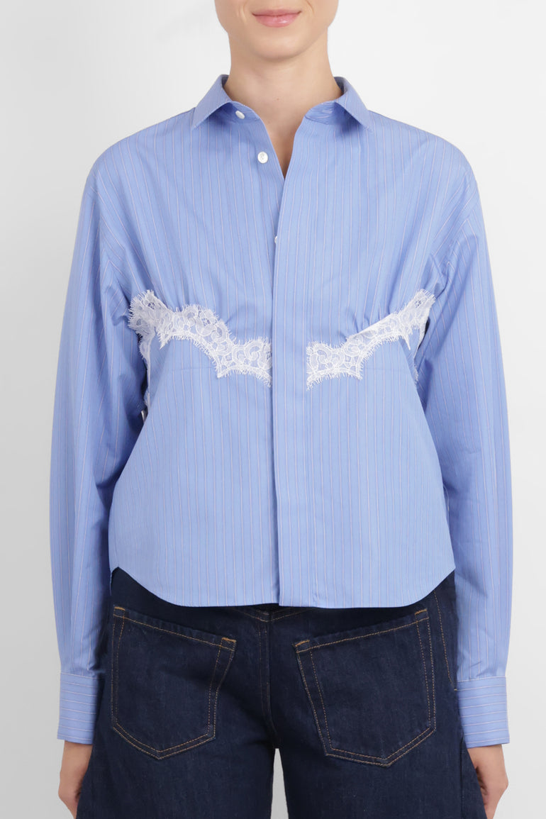 SACAI RTW Stripe Poplin Shirt with Lace Detail | Blue Stripe