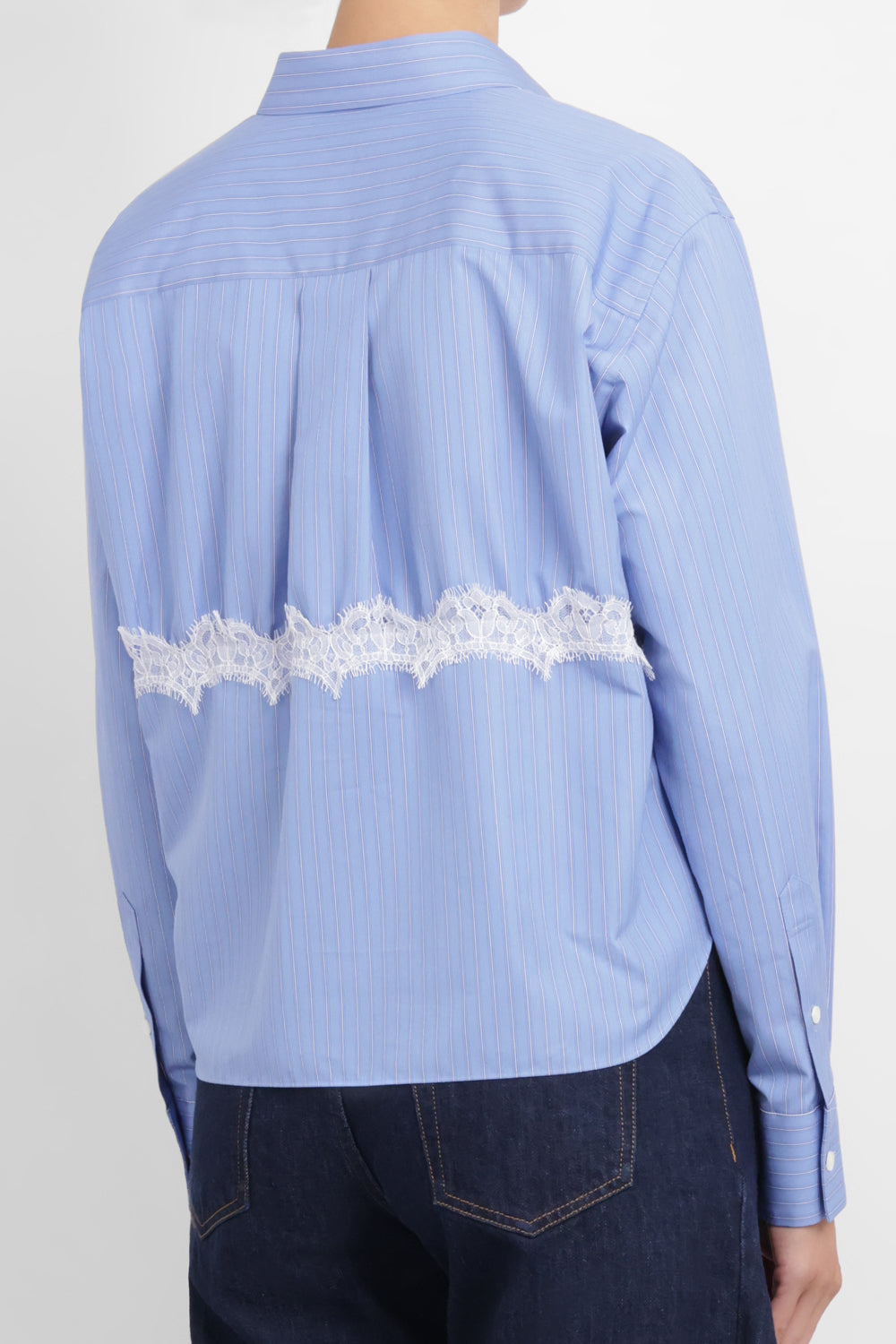 SACAI RTW Stripe Poplin Shirt with Lace Detail | Blue Stripe