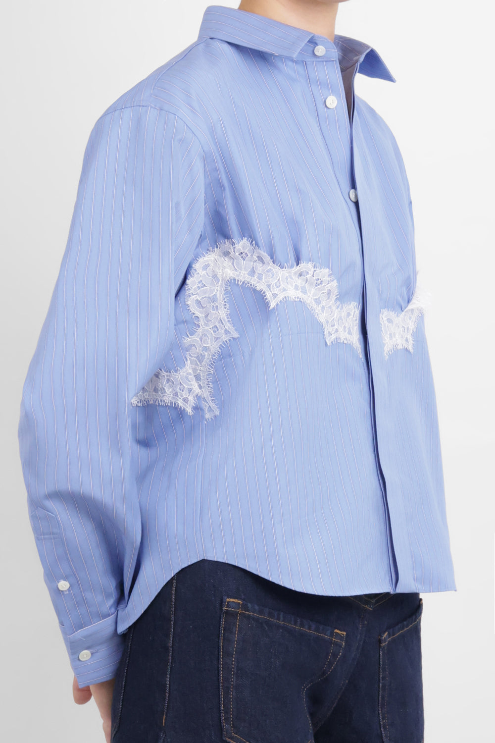 SACAI RTW Stripe Poplin Shirt with Lace Detail | Blue Stripe