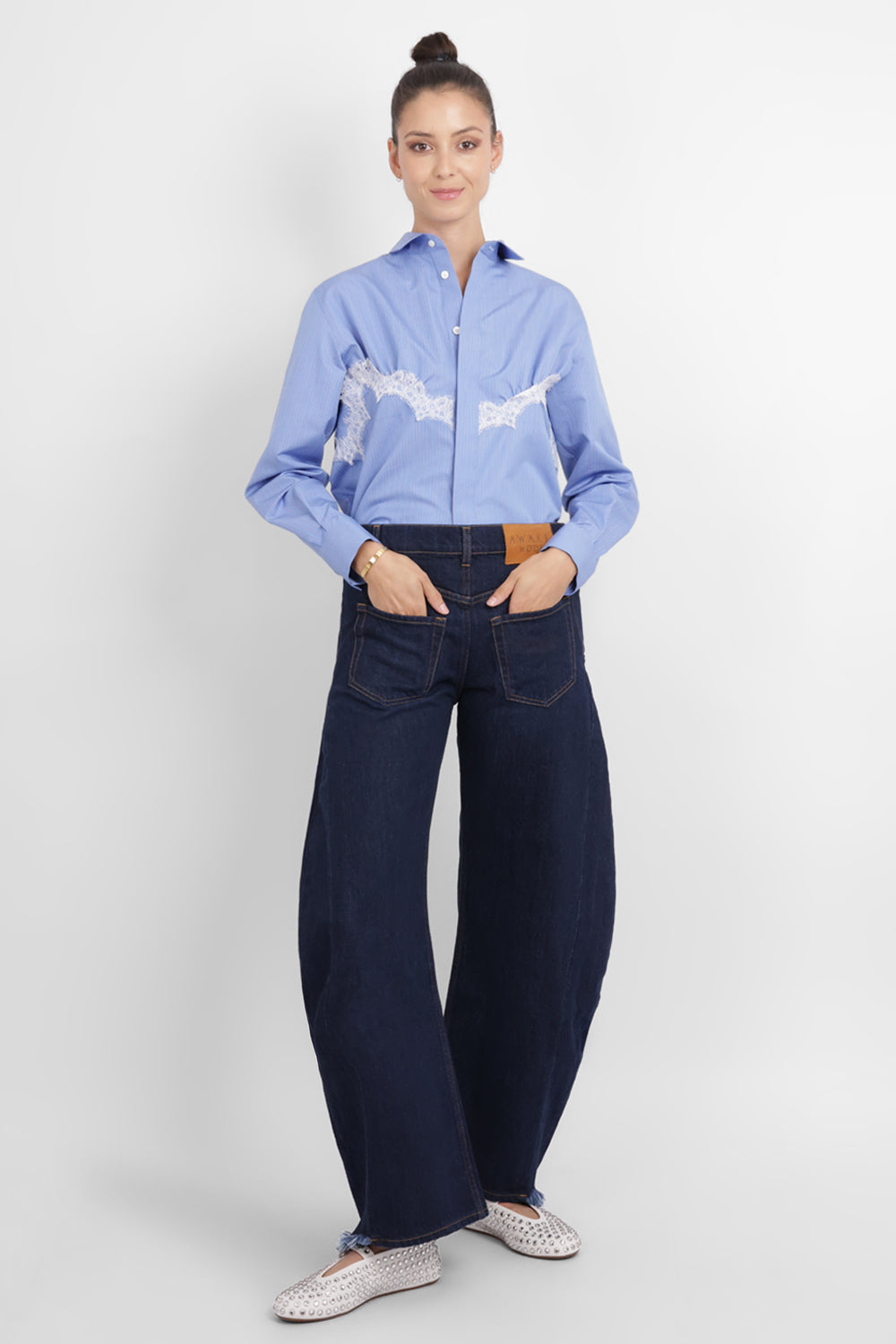 SACAI RTW Stripe Poplin Shirt with Lace Detail | Blue Stripe