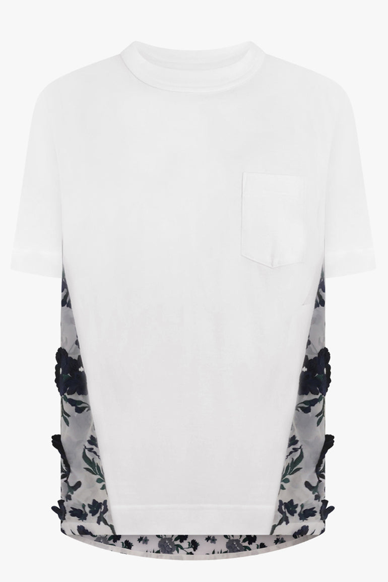 SACAI RTW T-Shirt with Floral Mesh Panel | White