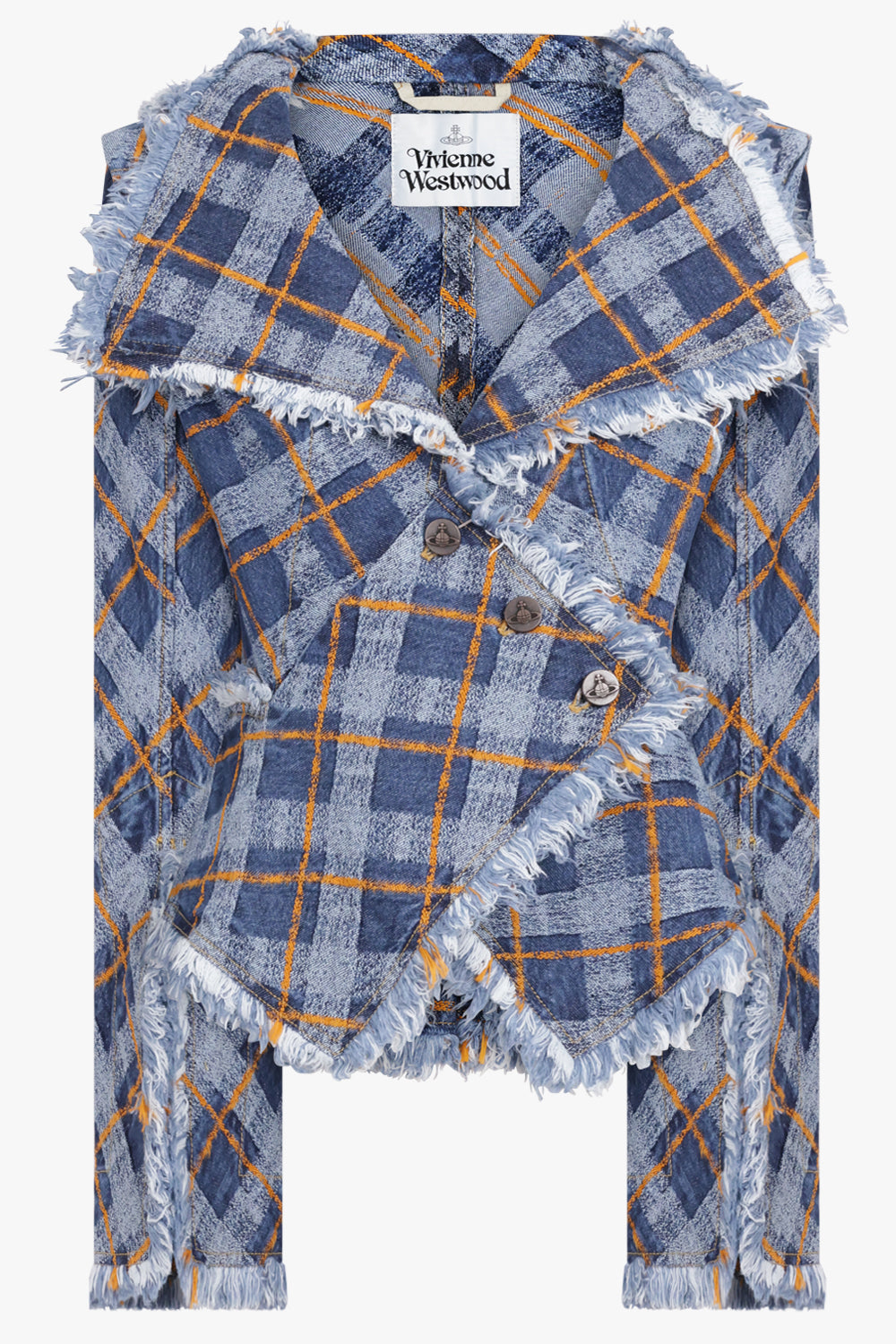 VIVIENNE WESTWOOD RTW Worth More Jacquard Fringe Denim Jacket | Blue/Orange