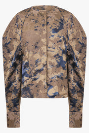 UMA WANG RTW Trimm Floral Jacquard Crop Jacket Top | Brown/Blue