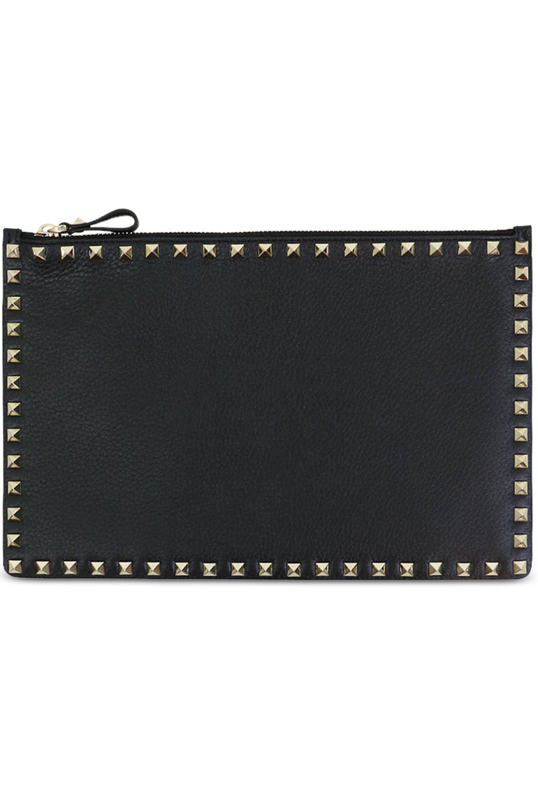 VALENTINO BAGS BLACK ROCKSTUD LARGE ZIP POUCH GRAINED BLACK