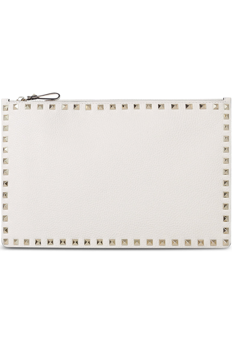VALENTINO BAGS WHITE ROCKSTUD LARGE ZIP POUCH GRAINED LIGHT IVORY