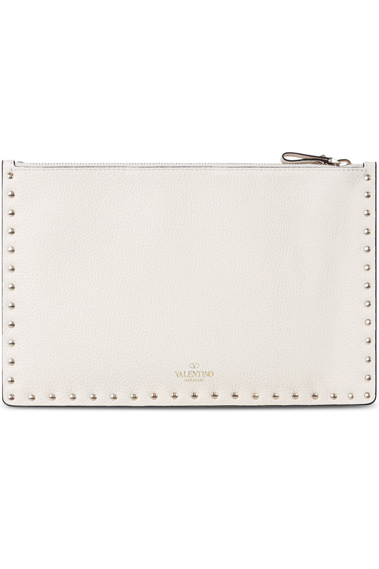 VALENTINO BAGS WHITE ROCKSTUD LARGE ZIP POUCH GRAINED LIGHT IVORY