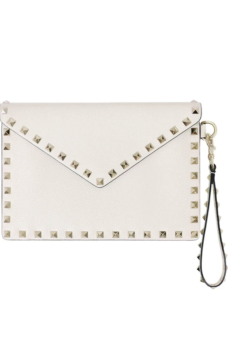 VALENTINO BAGS WHITE ROCKSTUD MEDIUM POUCH GRAINED | LIGHT IVORY