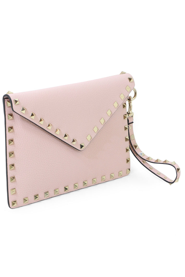 VALENTINO BAGS PINK SMALL ROCKSTUD ENVELOPE POUCH GRAINED LEATHER ROSE QUARTZ