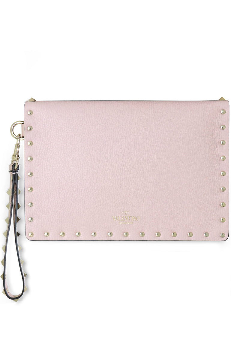 VALENTINO BAGS PINK SMALL ROCKSTUD ENVELOPE POUCH GRAINED LEATHER ROSE QUARTZ