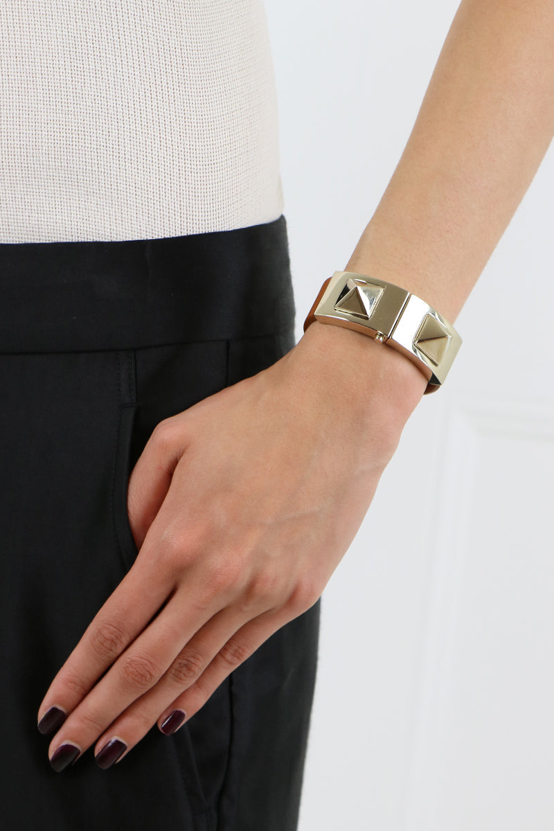 VALENTINO JEWELLERY BROWN ROCKSTUD MACRO LEATHER BRACELET WITH CLASP TAN