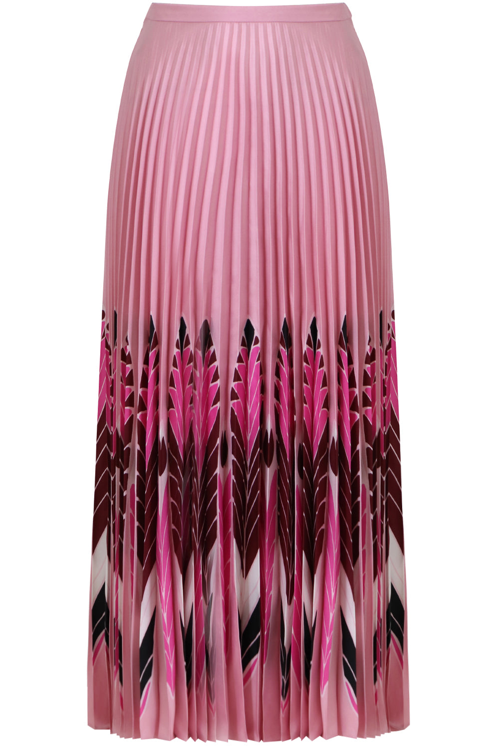 VALENTINO RTW FEATHER PRINT PLEATED SKIRT ROSE