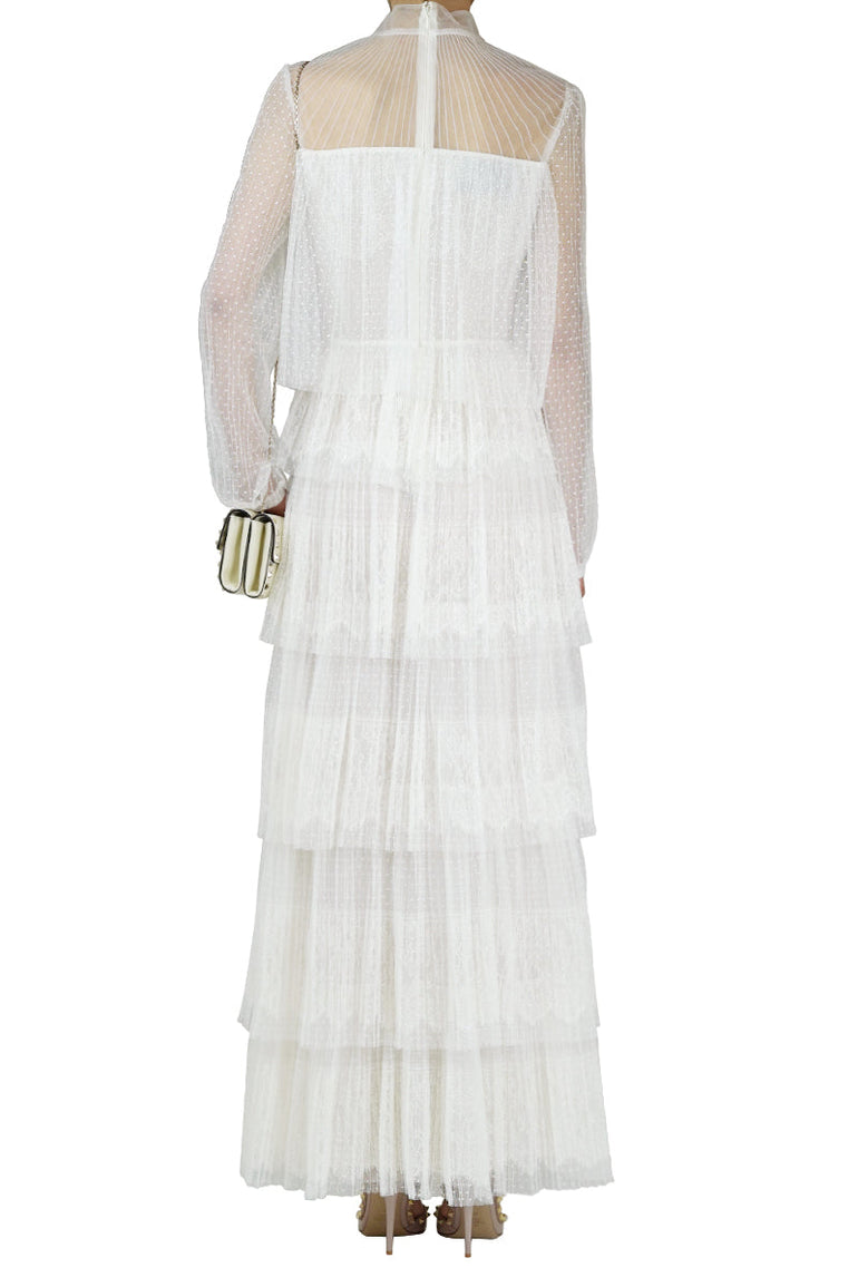 VALENTINO RTW LACE TIER FLOOR LENGTH DRESS IVORY