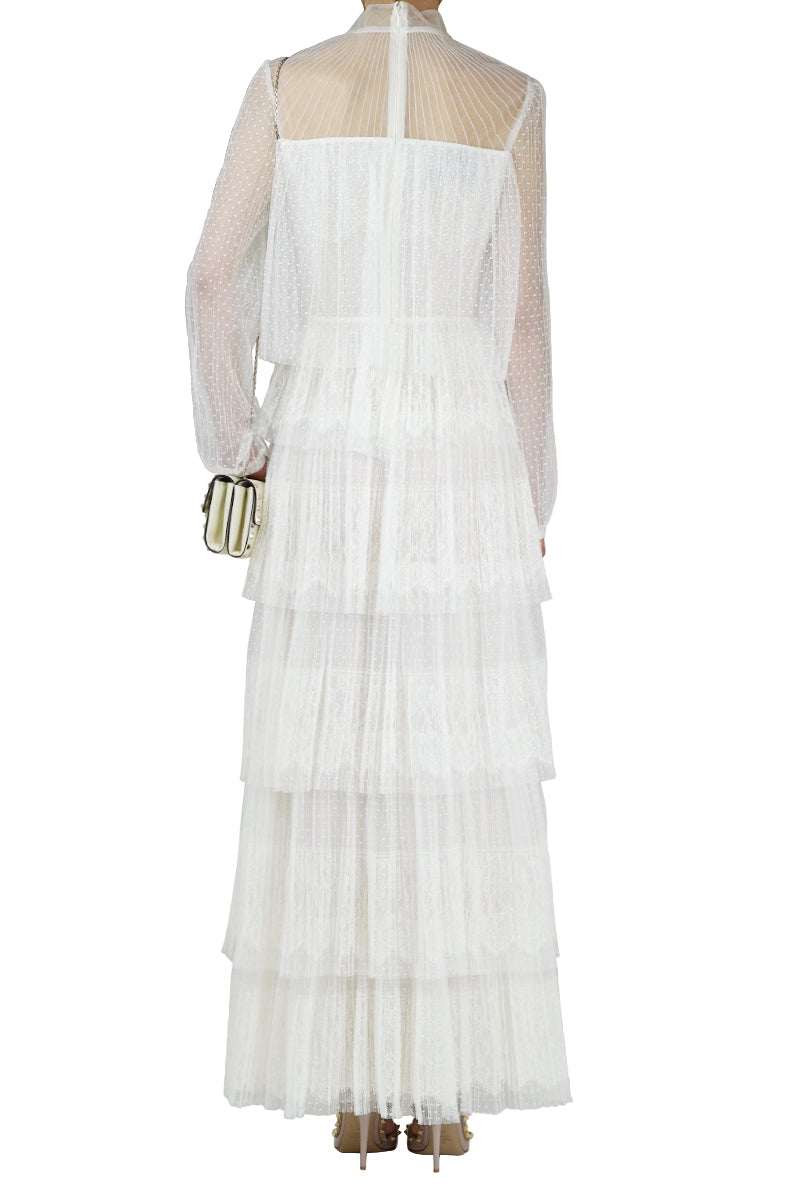 VALENTINO RTW LACE TIER FLOOR LENGTH DRESS IVORY