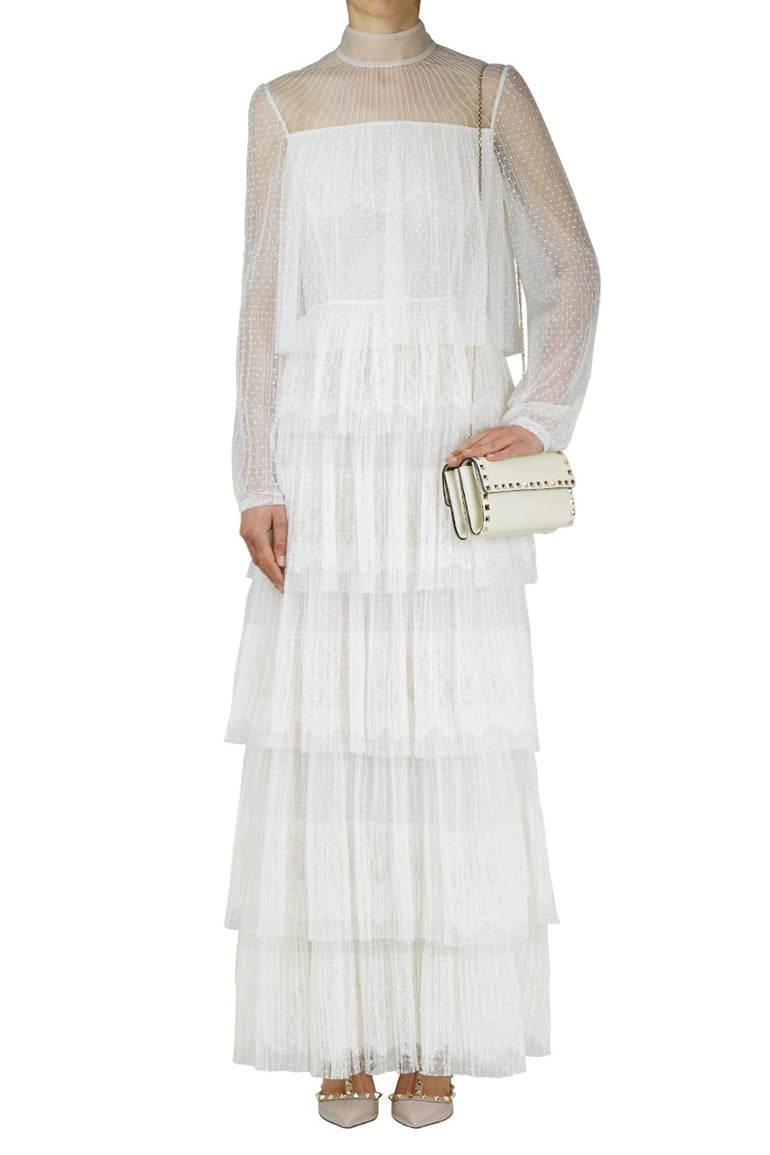 VALENTINO RTW LACE TIER FLOOR LENGTH DRESS IVORY