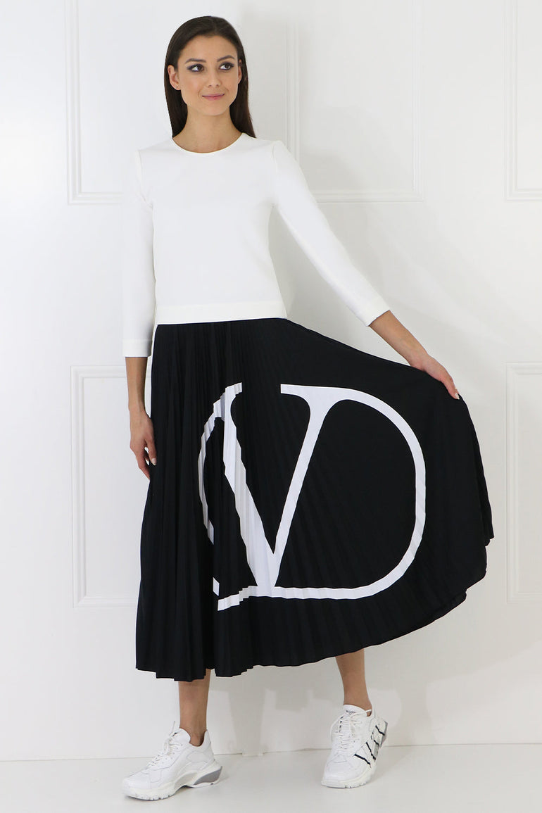 VALENTINO RTW LOGO PLEATED SKIRT BLACK/WHITE