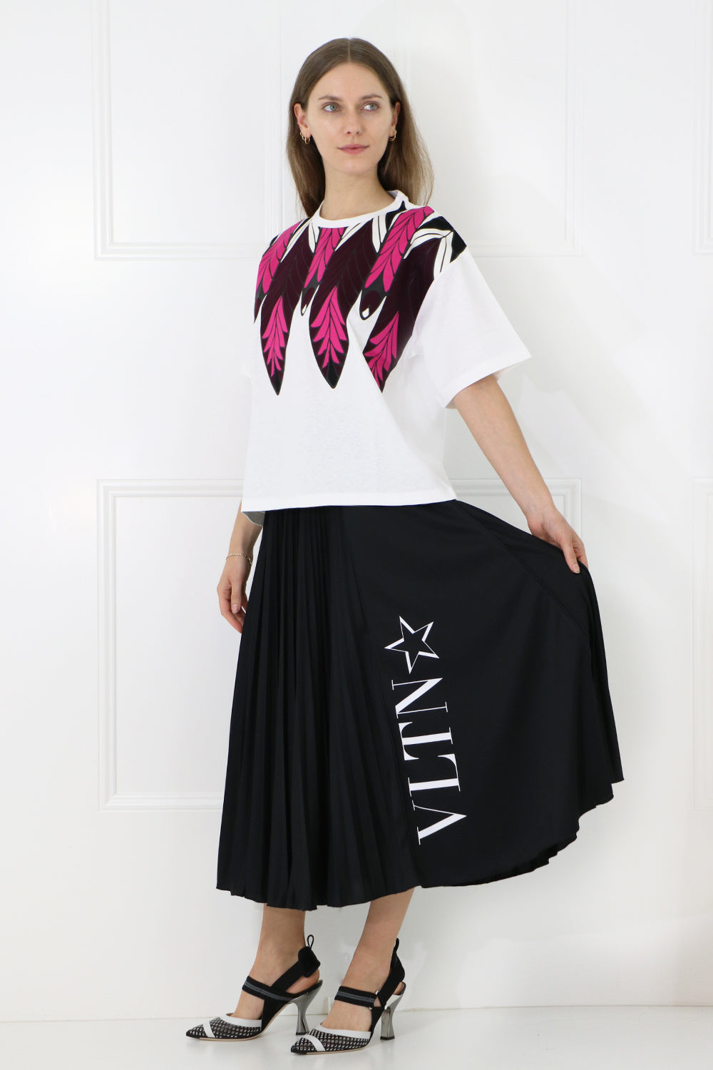 VALENTINO RTW PLISSE LOGO SKIRT BLACK/WHITE
