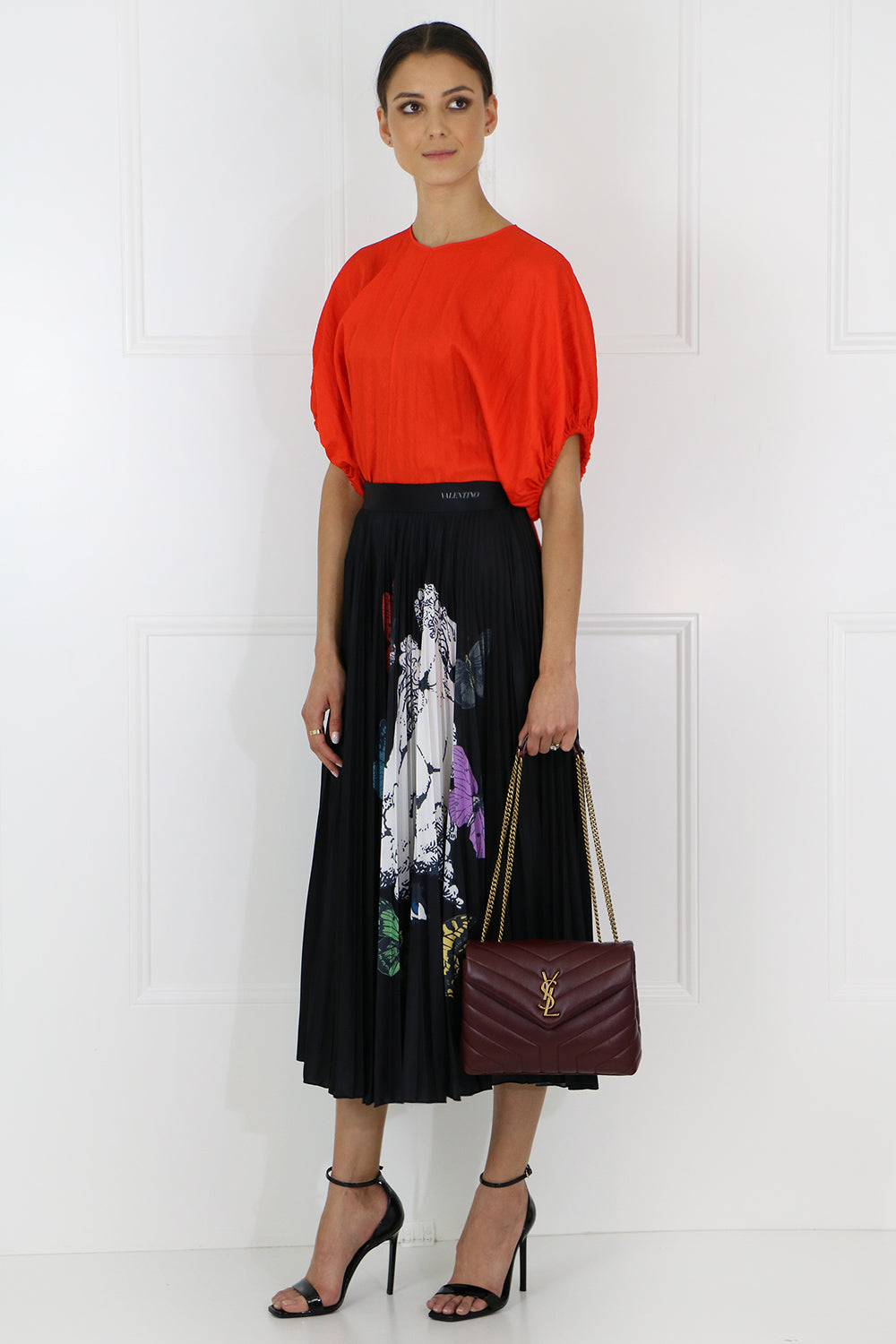 VALENTINO RTW X UNDERCOVER BUTTERFLY PRINT PLEATED SKIRT BLACK