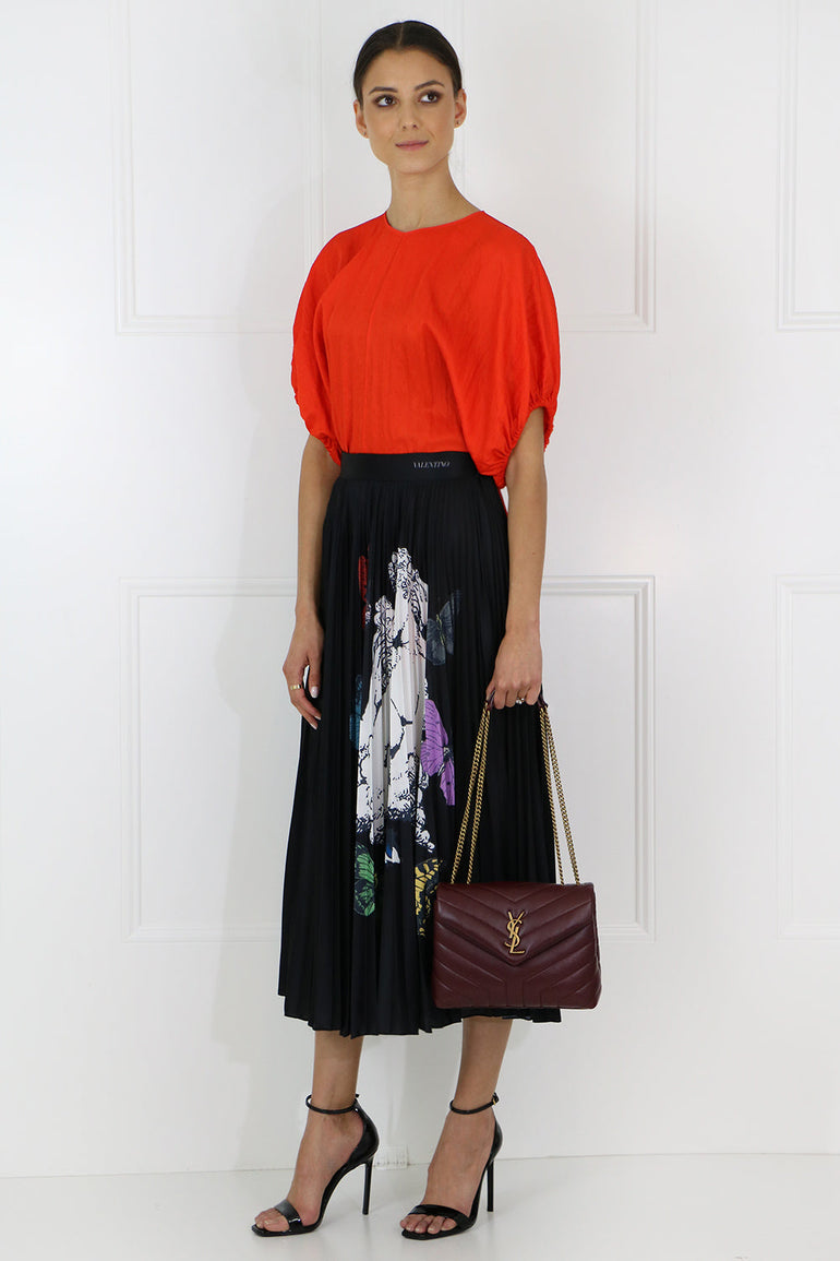 VALENTINO RTW X UNDERCOVER BUTTERFLY PRINT PLEATED SKIRT BLACK