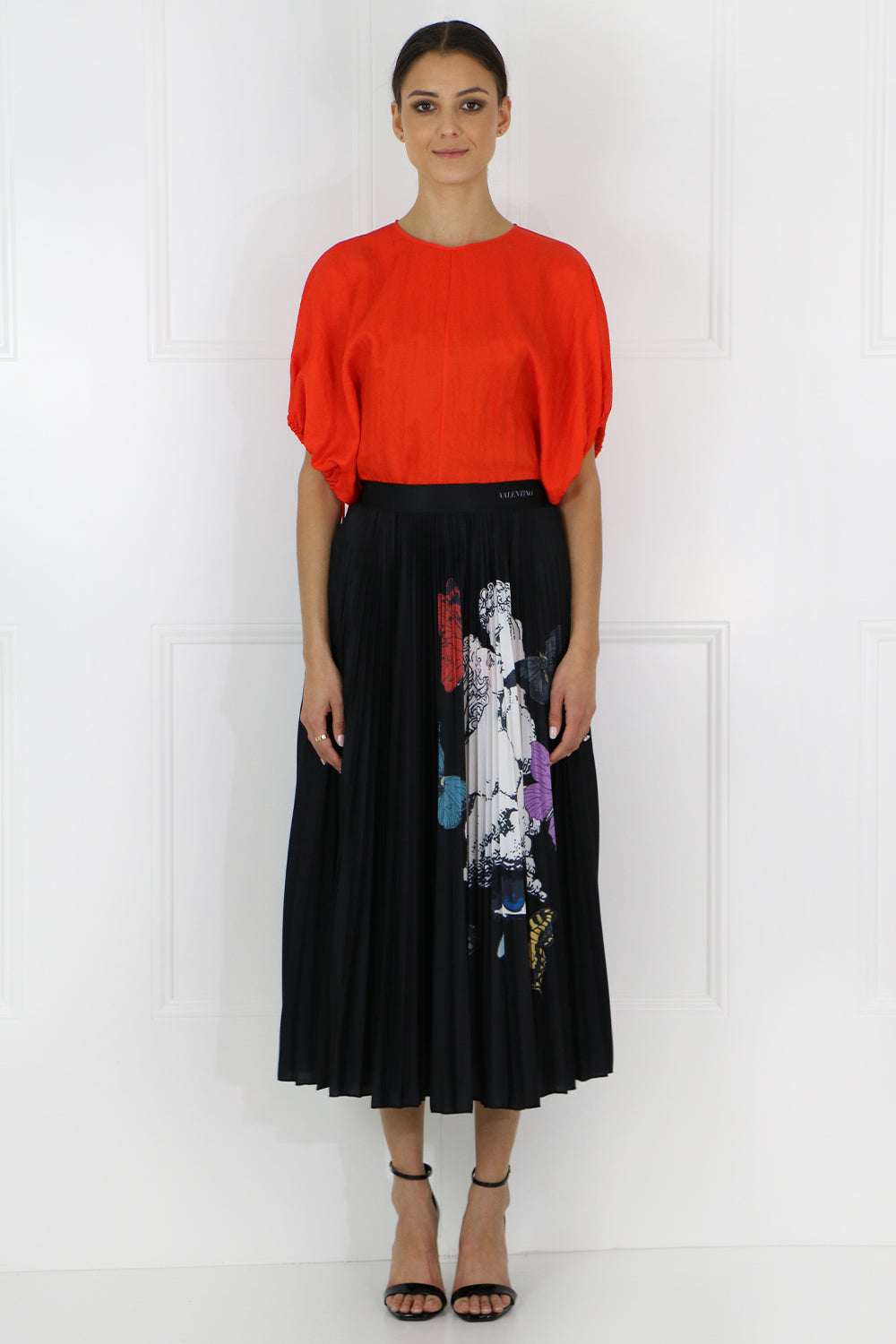 VALENTINO RTW X UNDERCOVER BUTTERFLY PRINT PLEATED SKIRT BLACK