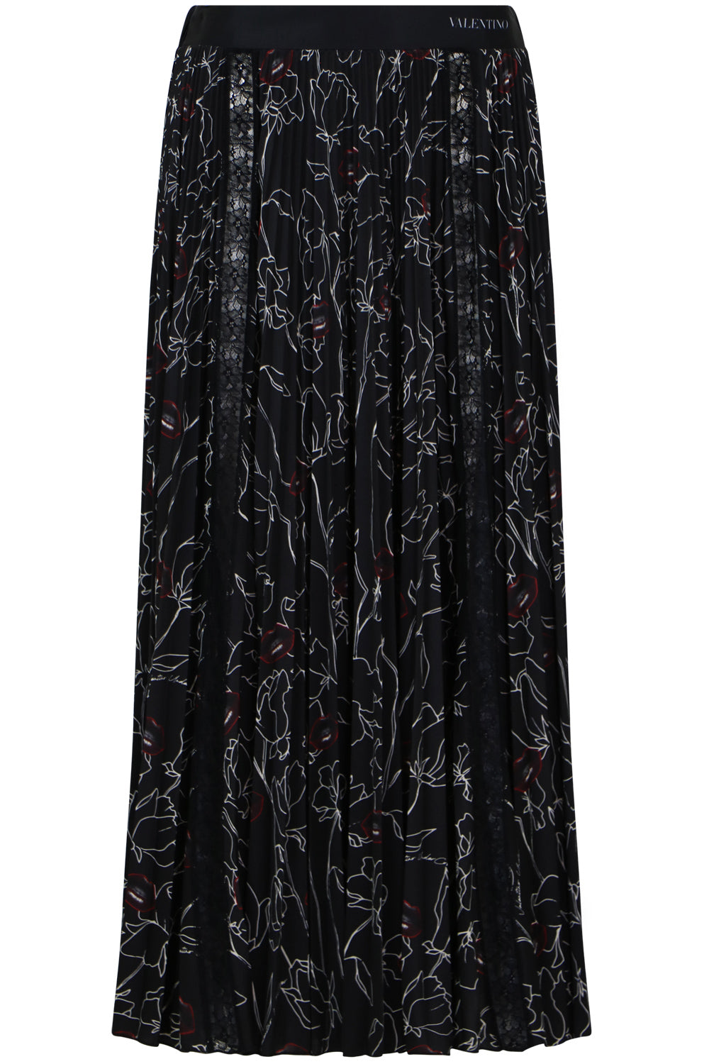 VALENTINO RTW X UNDERCOVER LACE FLORAL PRINT PLEATED SKIRT BLACK