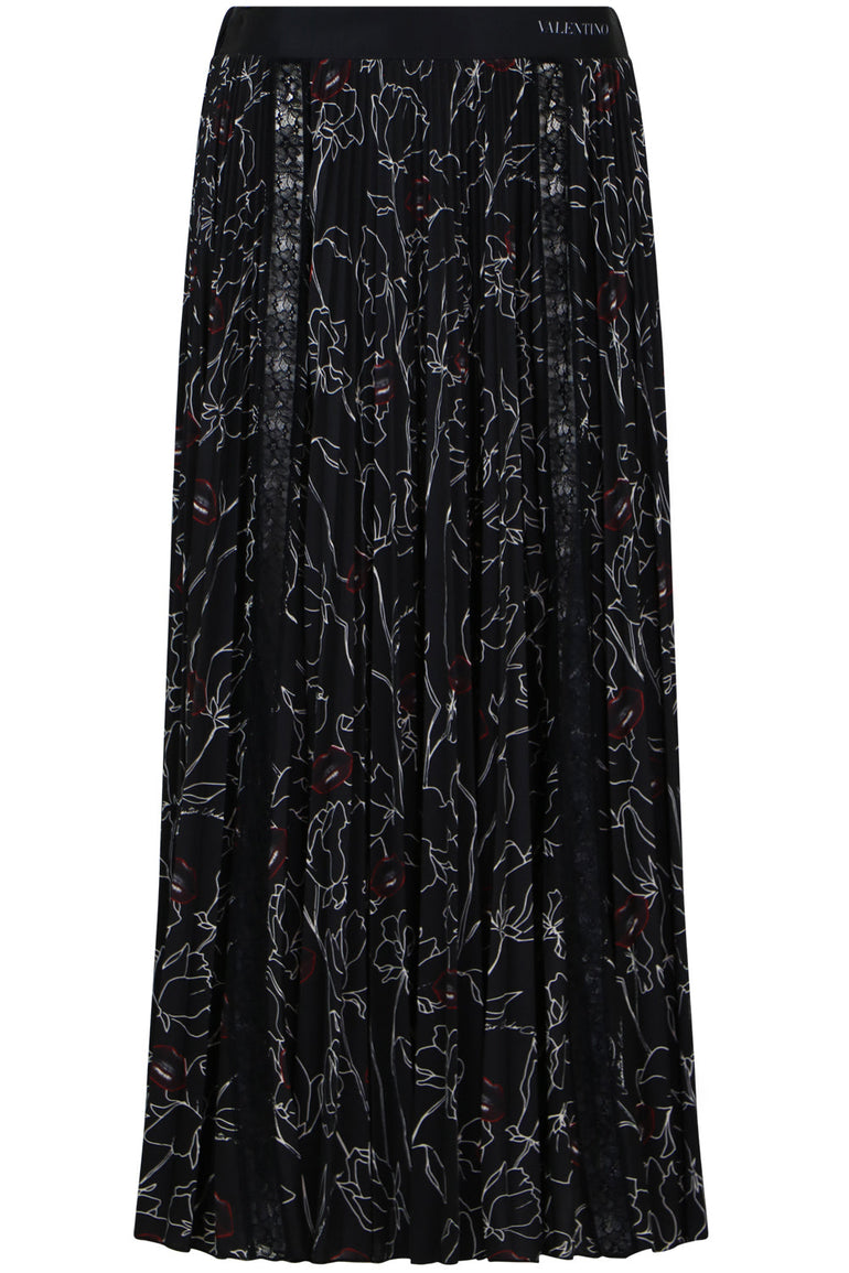VALENTINO RTW X UNDERCOVER LACE FLORAL PRINT PLEATED SKIRT BLACK