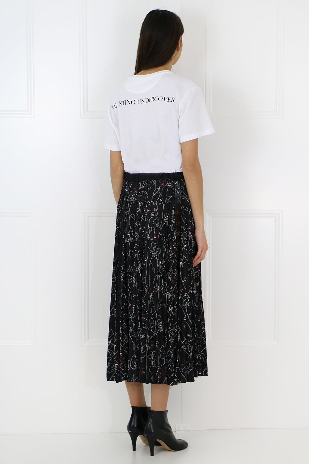 VALENTINO RTW X UNDERCOVER LACE FLORAL PRINT PLEATED SKIRT BLACK
