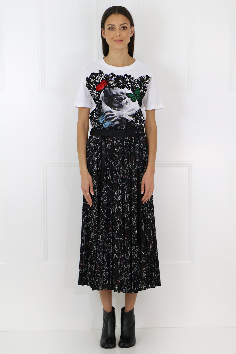 VALENTINO RTW X UNDERCOVER LACE FLORAL PRINT PLEATED SKIRT BLACK