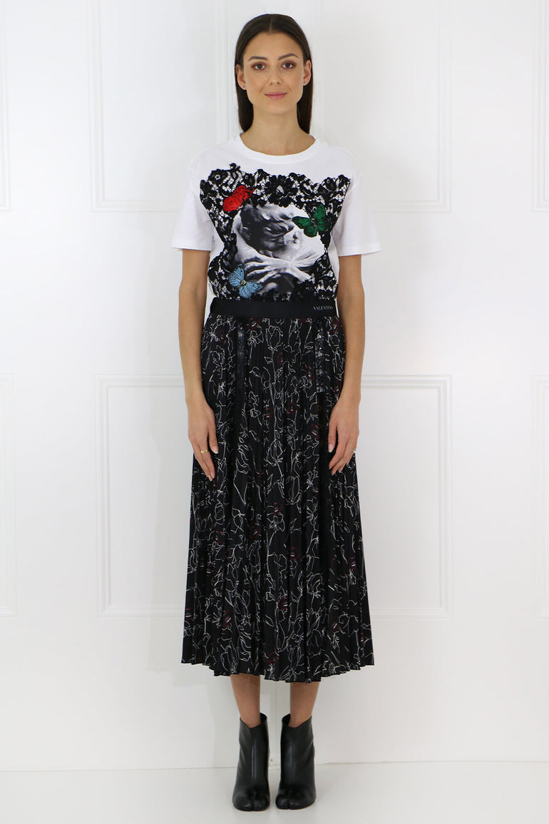 VALENTINO RTW X UNDERCOVER LACE FLORAL PRINT PLEATED SKIRT BLACK