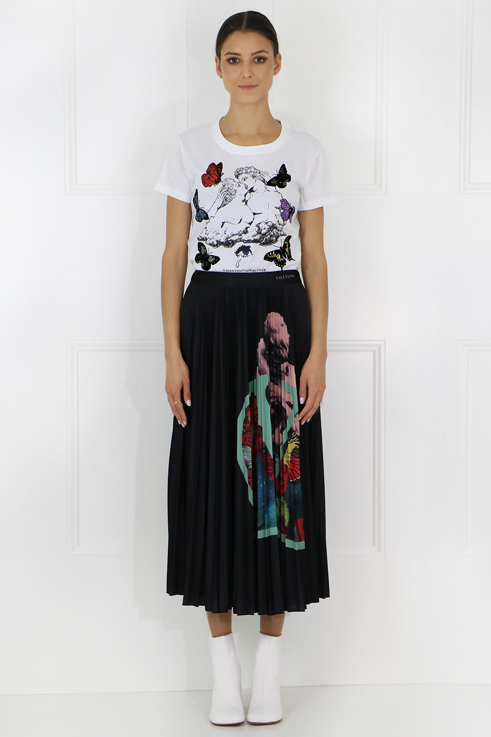VALENTINO RTW X UNDERCOVER ROSE PRINT PLEATED SKIRT BLACK