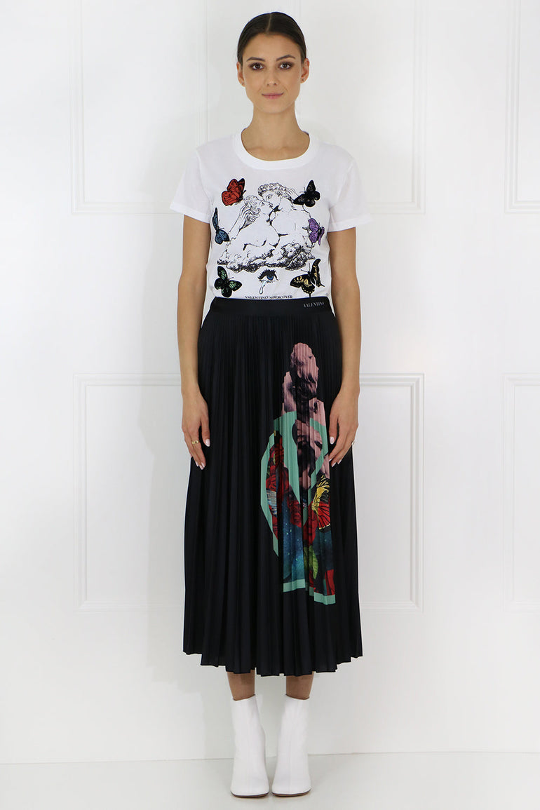 VALENTINO RTW X UNDERCOVER ROSE PRINT PLEATED SKIRT BLACK