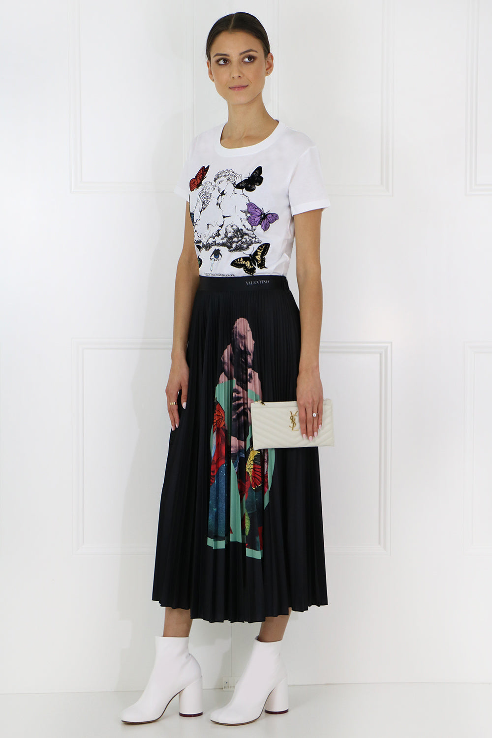 VALENTINO RTW X UNDERCOVER ROSE PRINT PLEATED SKIRT BLACK