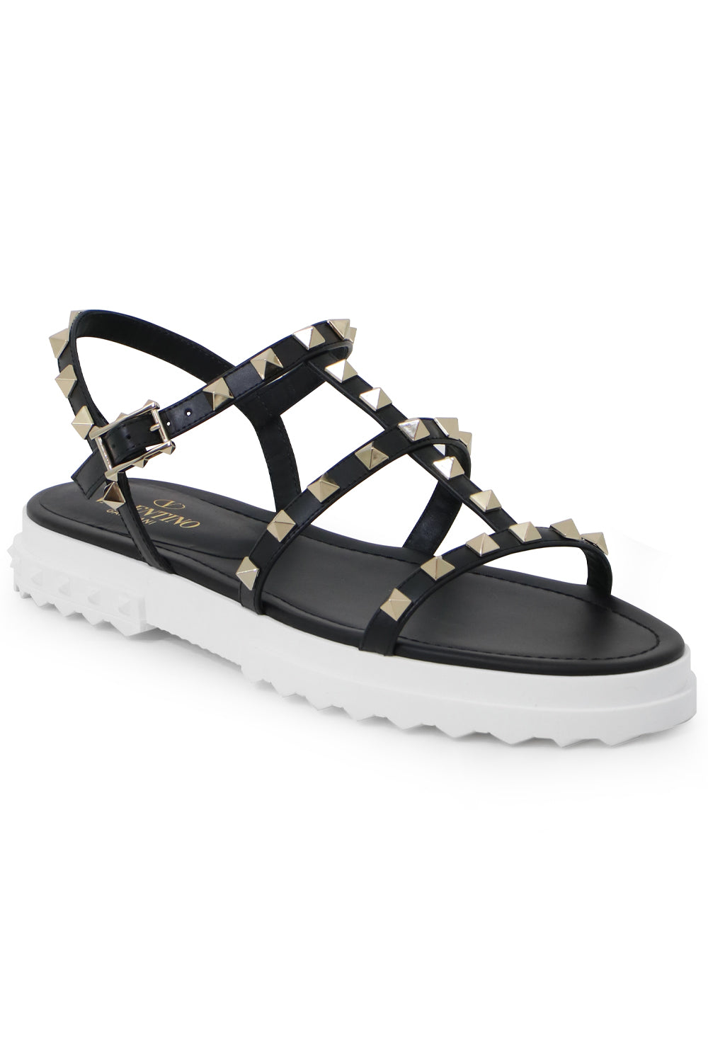 VALENTINO SHOES CHUNKY ROCKSTUD THREE STRAP SANDAL BLACK/WHITE