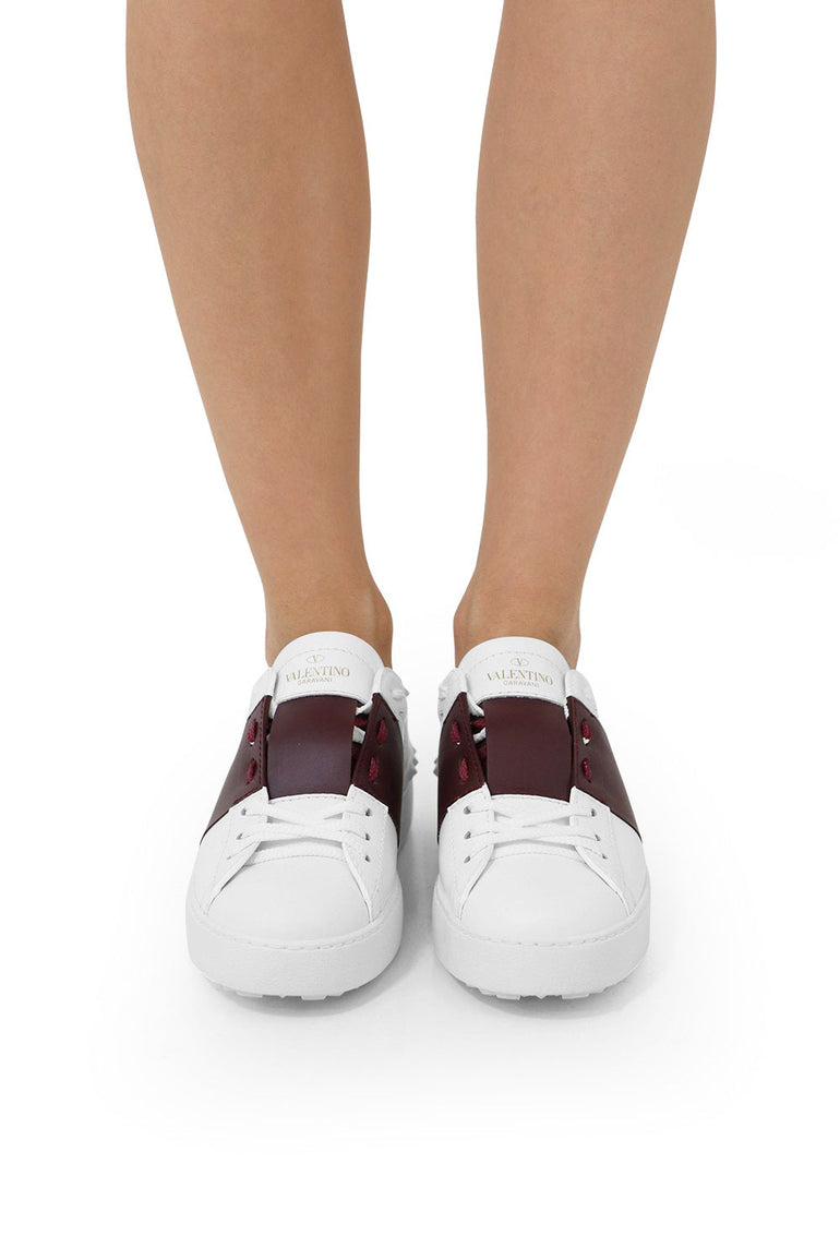 VALENTINO SHOES OPEN SNEAKER WITH LACES AND LEATHER STRIPE WHITE/RUBINO