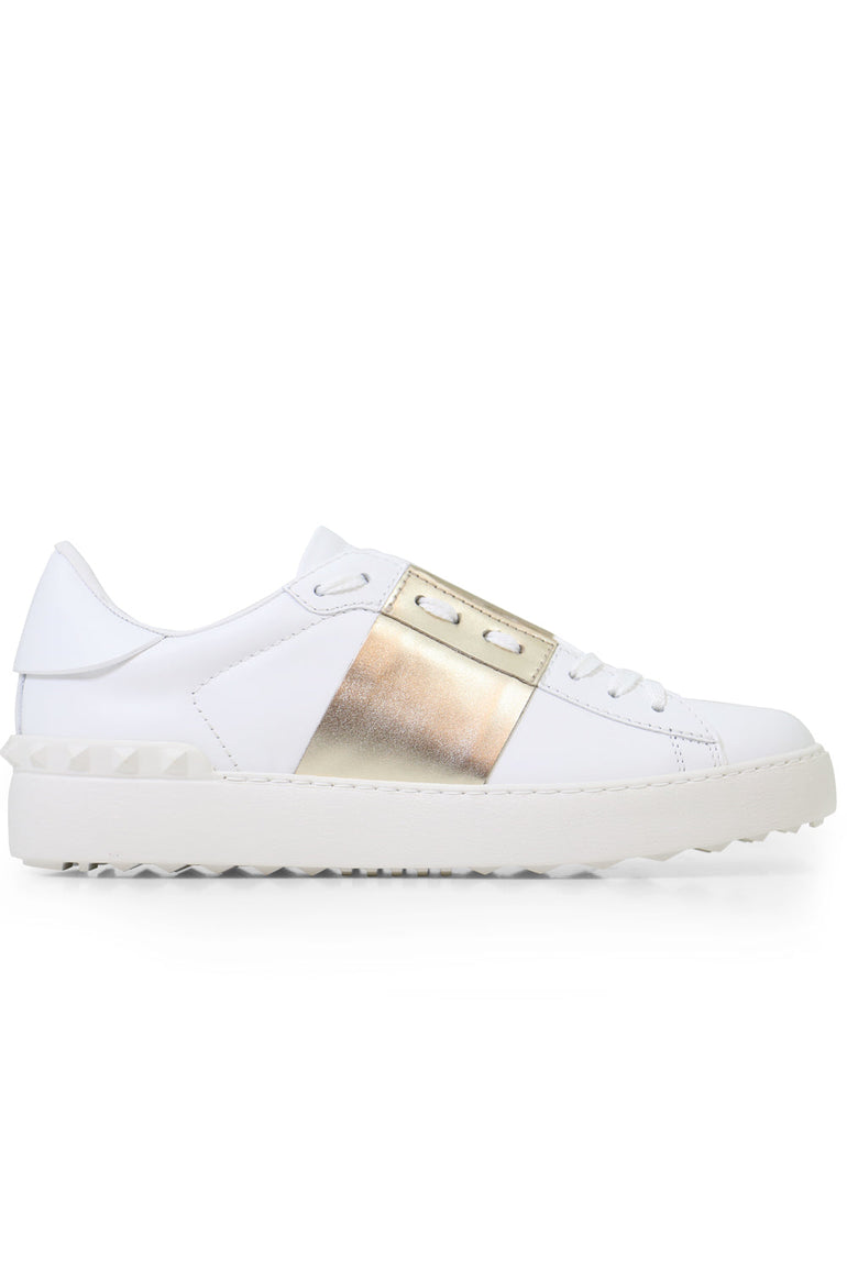VALENTINO SHOES OPEN SNEAKER WITH LACES AND METALLIC STRIPE WHITE/GOLD