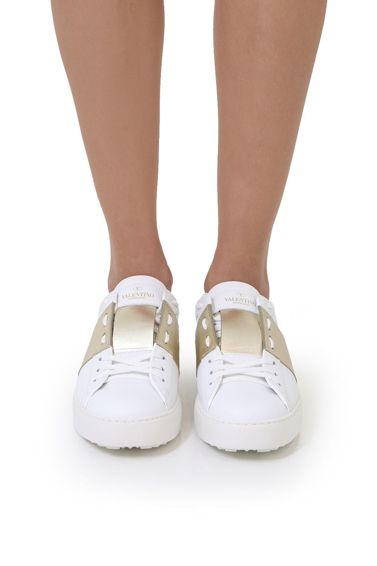 VALENTINO SHOES OPEN SNEAKER WITH LACES AND METALLIC STRIPE WHITE/GOLD