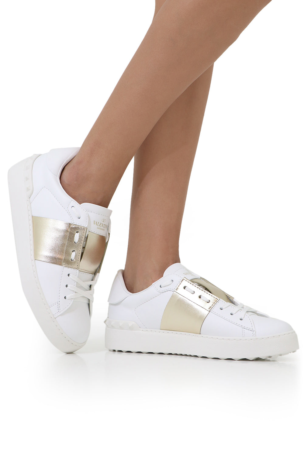 VALENTINO SHOES OPEN SNEAKER WITH LACES AND METALLIC STRIPE WHITE/GOLD