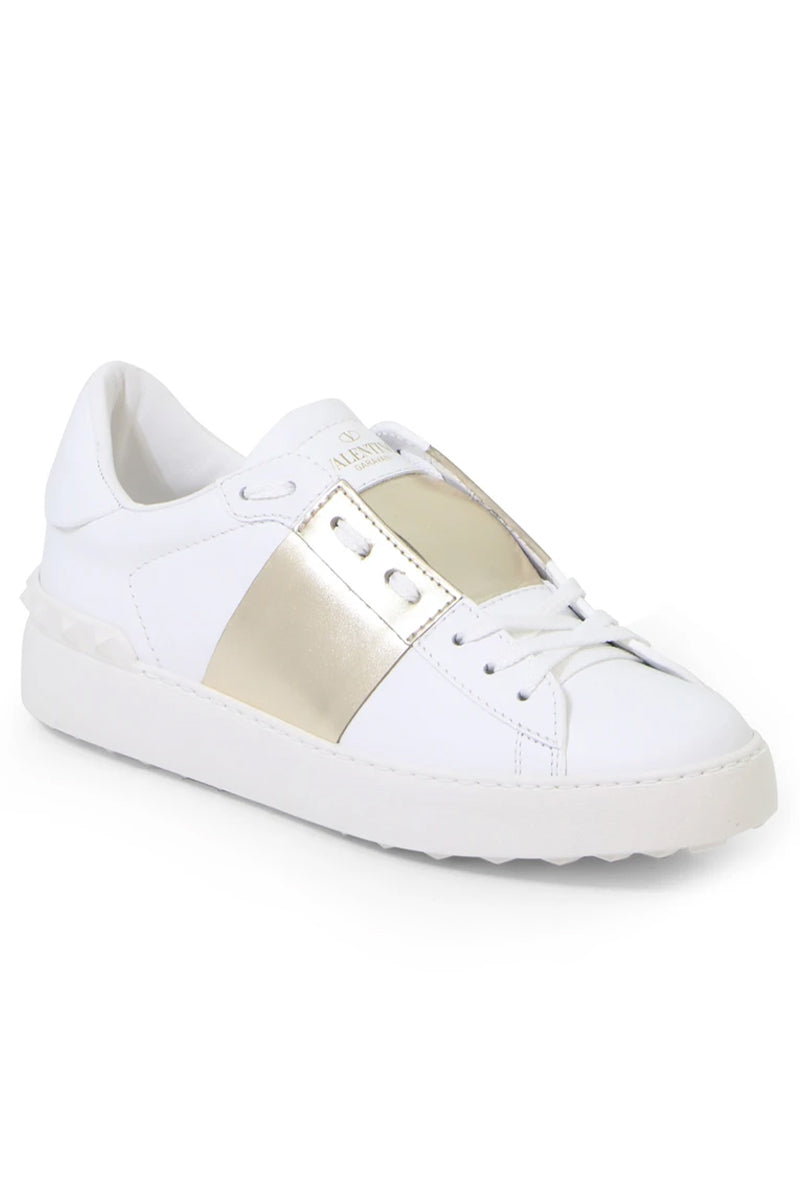VALENTINO SHOES OPEN SNEAKER WITH LACES AND METALLIC STRIPE WHITE/GOLD