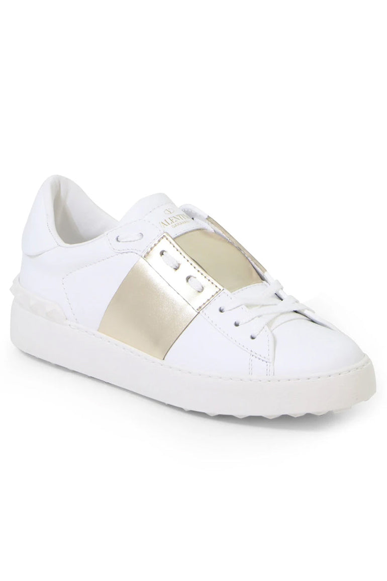 VALENTINO SHOES OPEN SNEAKER WITH LACES AND METALLIC STRIPE WHITE/GOLD