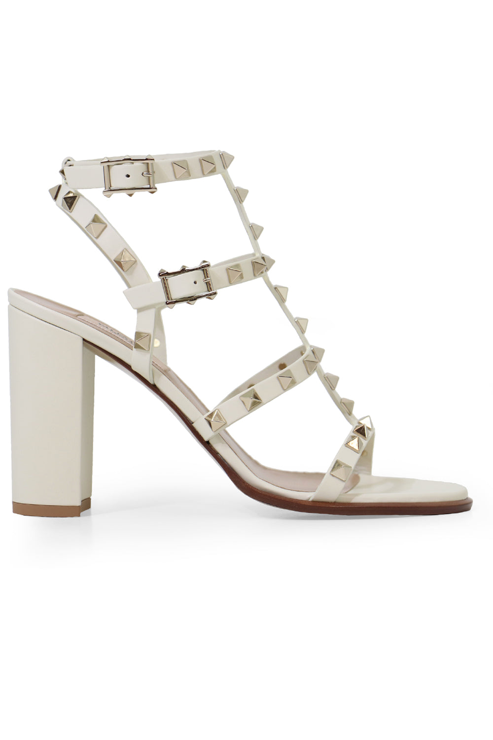 VALENTINO SHOES ROCKSTUD FOUR STRAP BLOCK HEEL 90MM SANDAL LIGHT IVORY