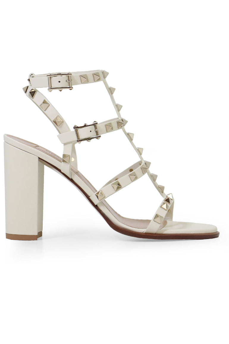 VALENTINO SHOES ROCKSTUD FOUR STRAP BLOCK HEEL 90MM SANDAL LIGHT IVORY