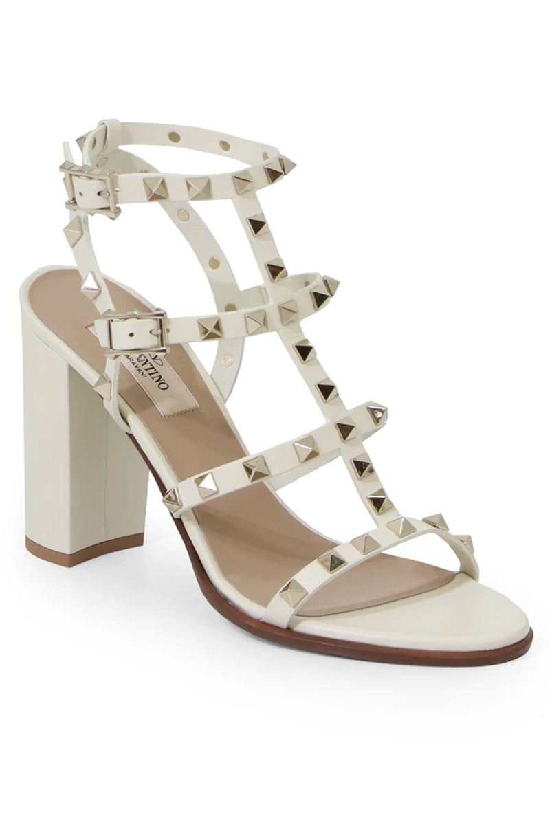VALENTINO SHOES ROCKSTUD FOUR STRAP BLOCK HEEL 90MM SANDAL LIGHT IVORY