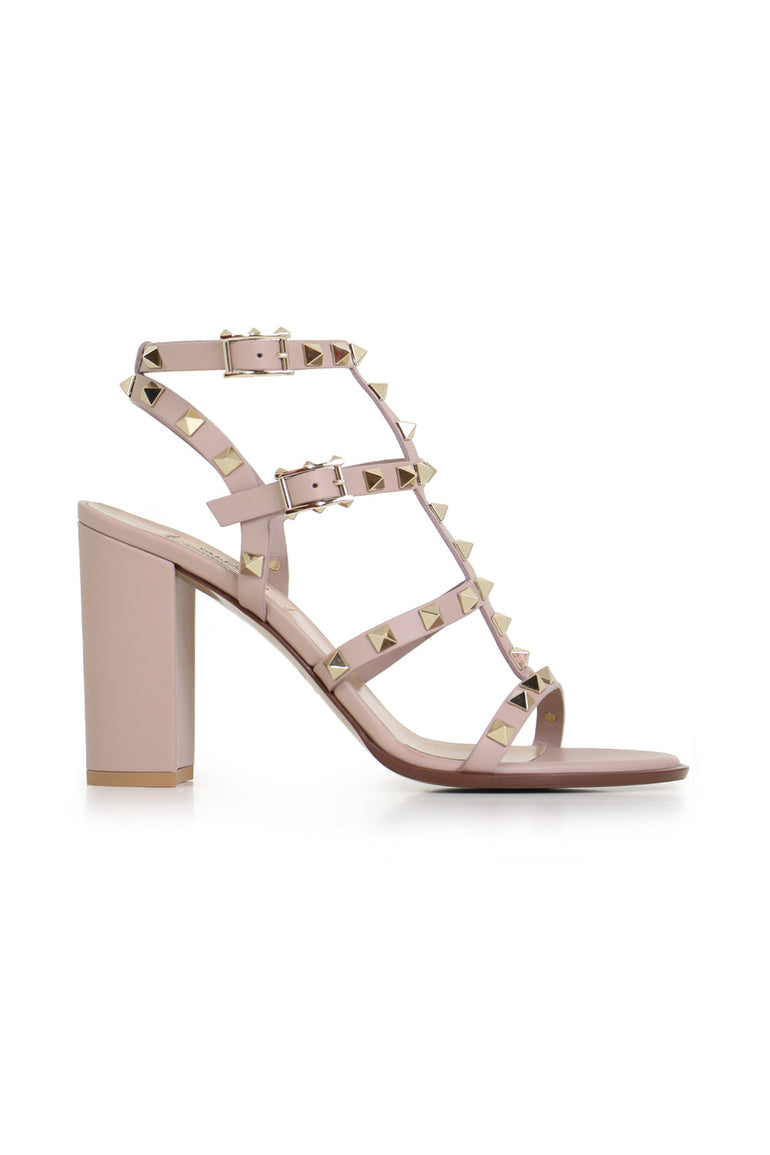 VALENTINO SHOES ROCKSTUD FOUR STRAP BLOCK HEEL 90MM SANDAL POUDRE