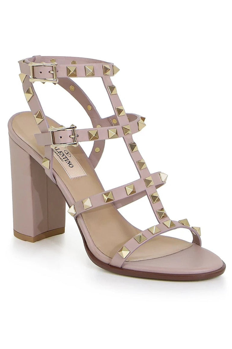 VALENTINO SHOES ROCKSTUD FOUR STRAP BLOCK HEEL 90MM SANDAL POUDRE