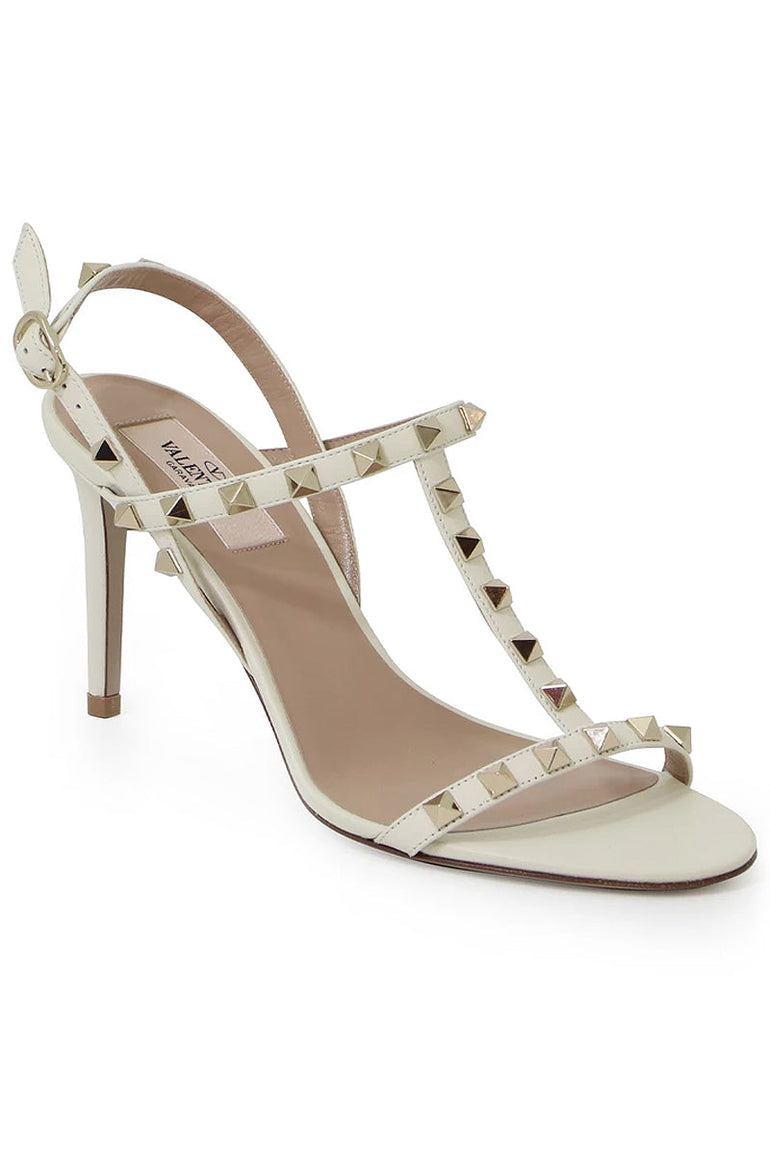 VALENTINO SHOES ROCKSTUD T-BAR SANDAL 85MM IVORY