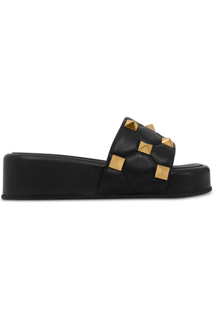 VALENTINO SHOES ROMAN STUD QUILTED SLIDE | BLACK