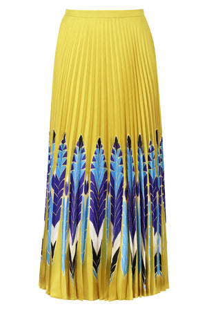 VALENTINO SKIRTS FEATHER PRINT PLEATED SKIRT YELLOW