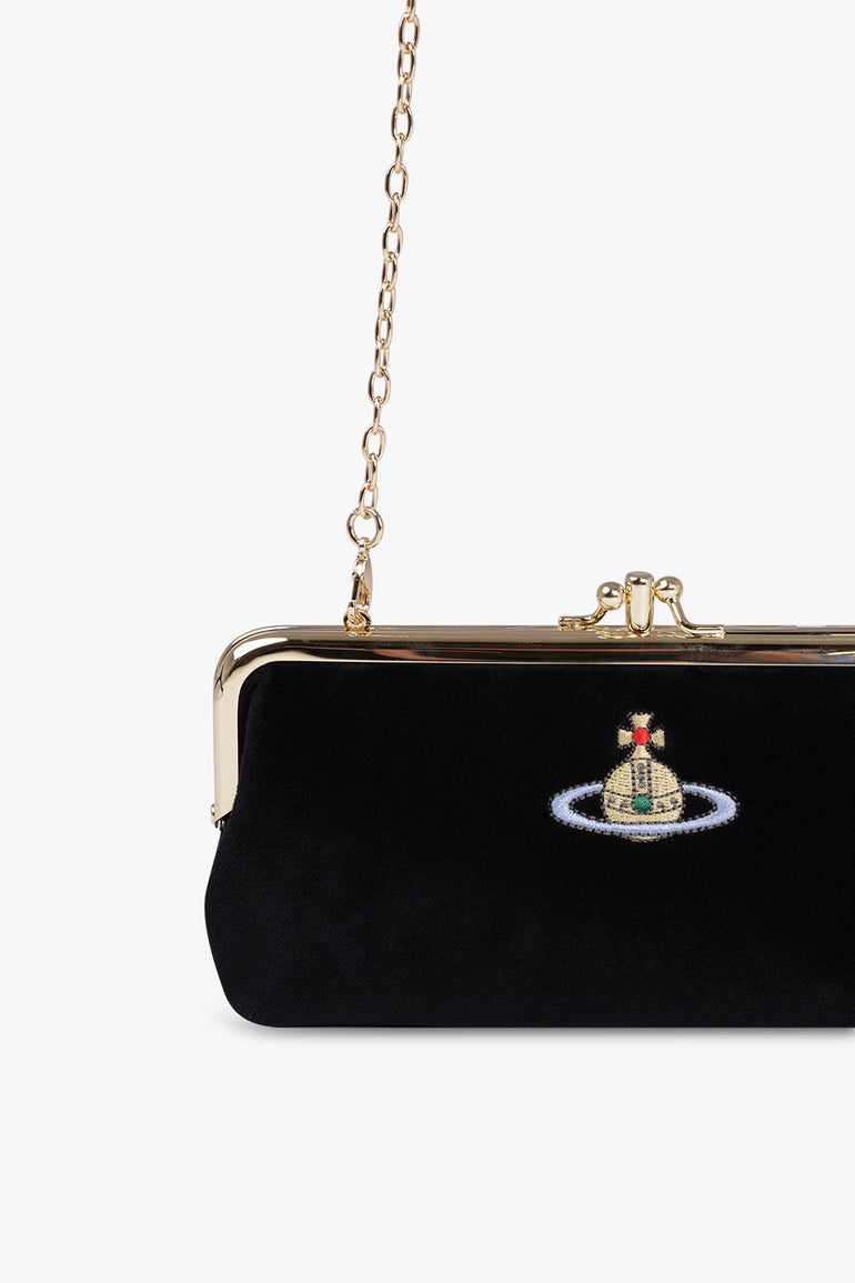 VIVIENNE WESTWOOD BAGS Black Embroidered Orb Double Frame Purse With Chain| Black/Gold